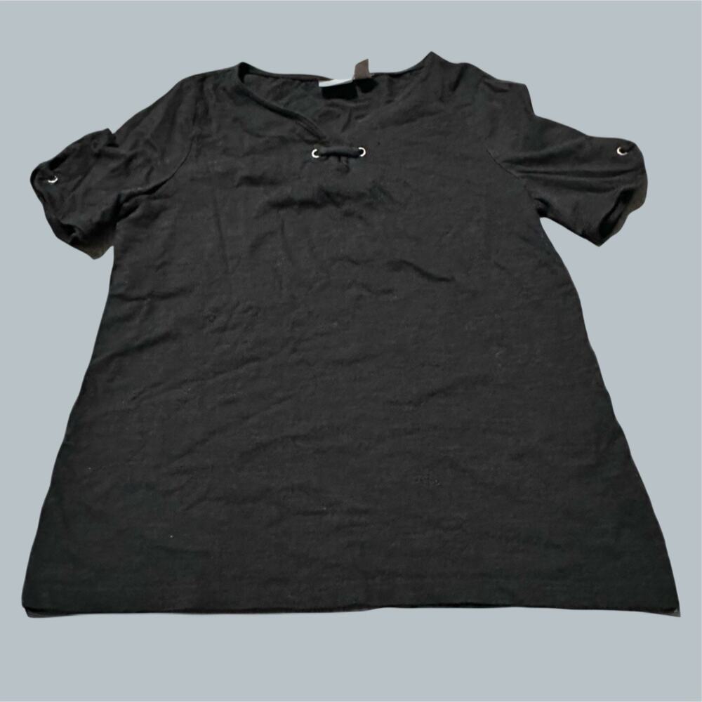 womens black short sleeve 100% cottom top tshirt tied grommet staple basic